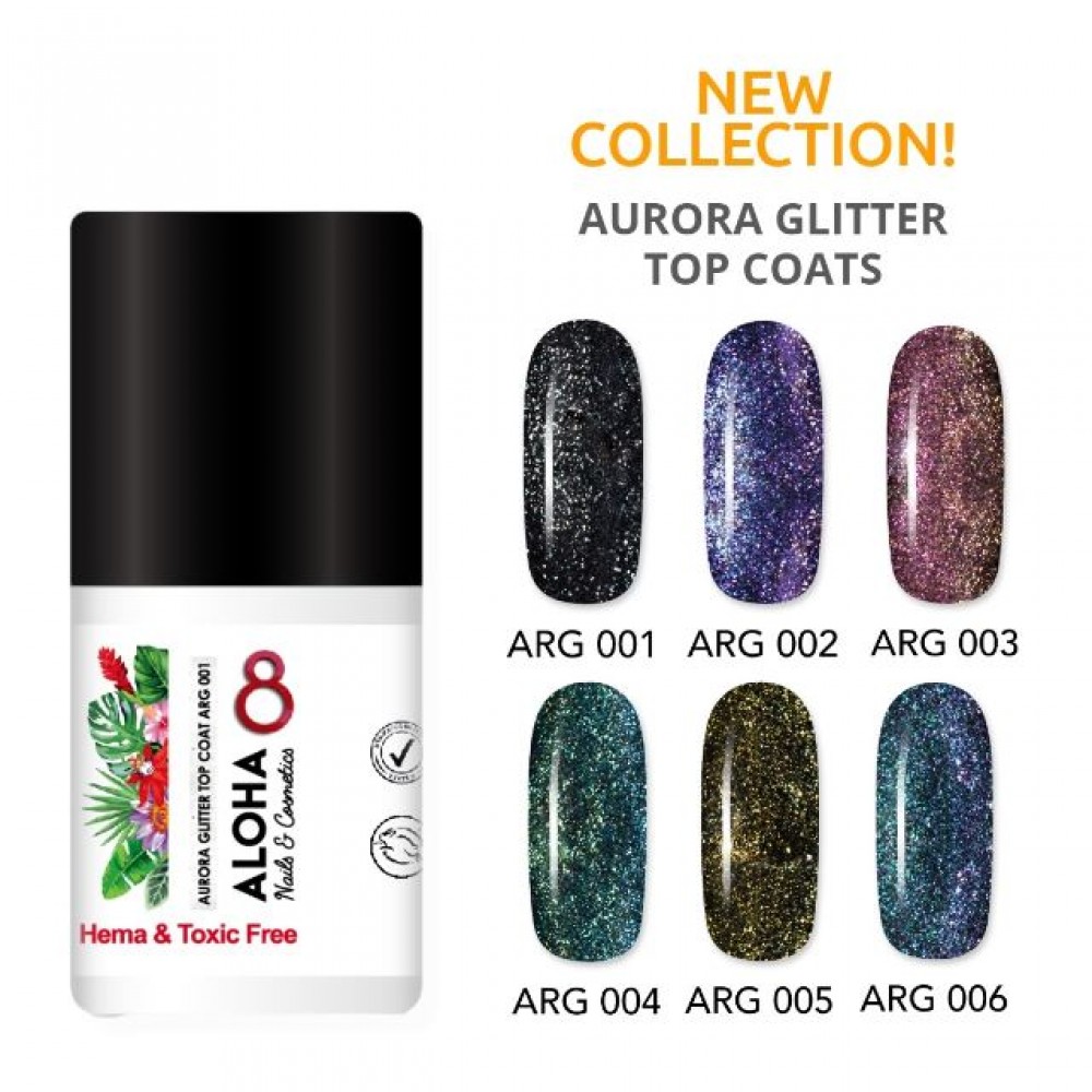 Aloha Ημιμόνιμο Βερνίκι Aurora Glitter Top Coat Arg 005, 8ml