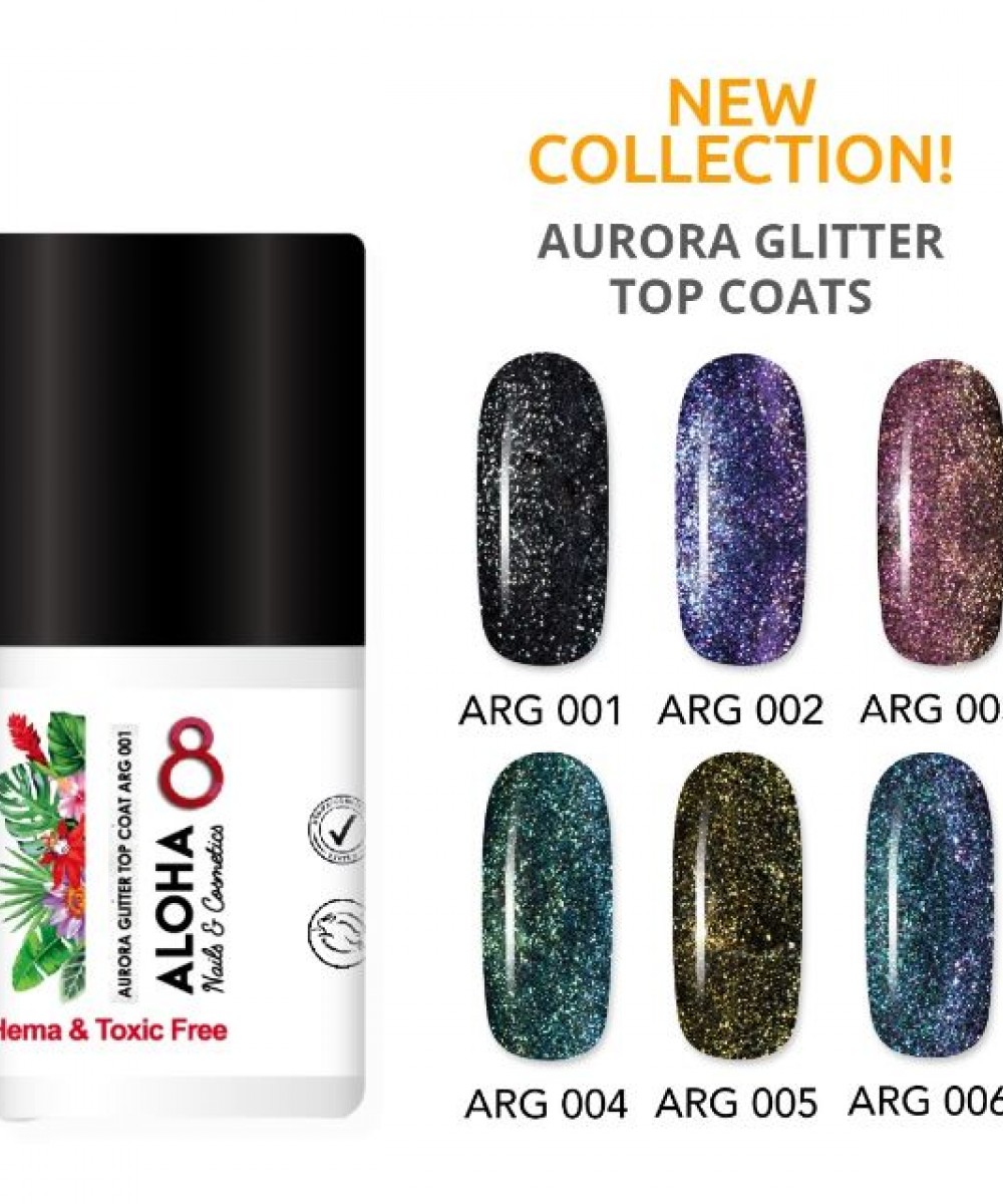 Aloha Ημιμόνιμο Βερνίκι Aurora Glitter Top Coat Arg 005, 8ml