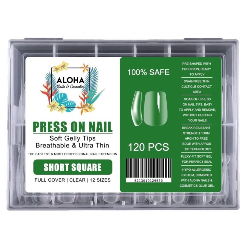 Aloha Press On Gelly Tips Clear σε Κασετίνα 120τμχ. – Short Square