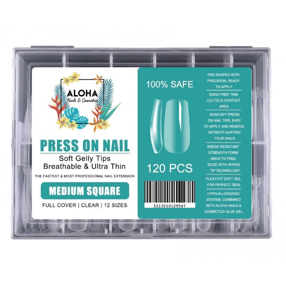 Aloha Press On Gelly Tips Clear σε Κασετίνα 120τμχ. – Medium Square