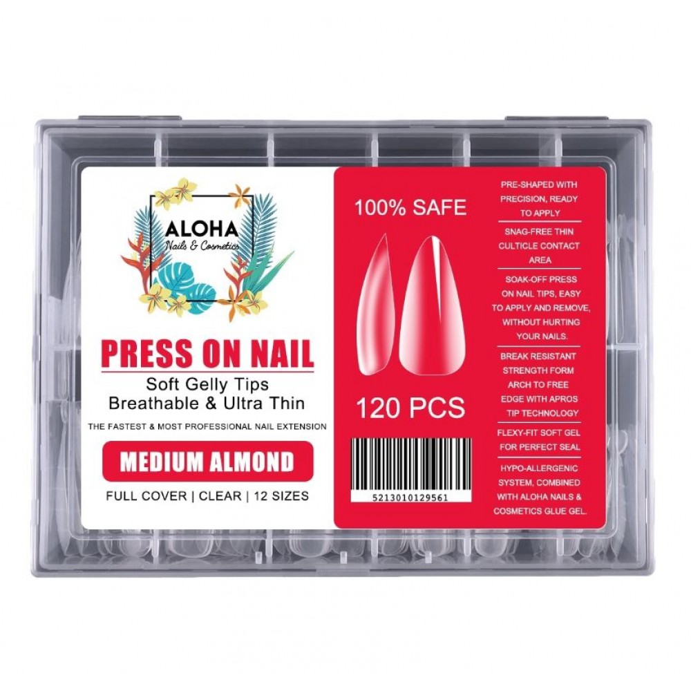 Aloha Press On Gelly Tips Clear σε Κασετίνα 120τμχ. – Medium Almond
