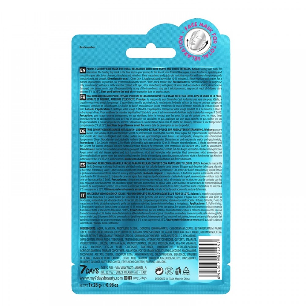 7DAYS Perfect Sunday Sheet Mask 28g 7DAYS Perfect Sunday Sheet Mask 28g